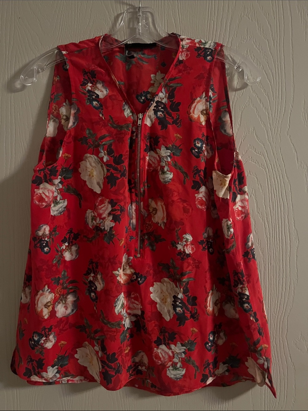 The Kooples Red‎ Floral Zip-Front Sleeveless Top 100% Silk Size Large